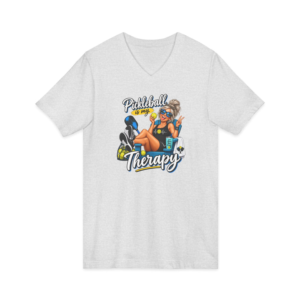 SatsandStripes.com Pickleball Is My Therapy Women’s V-Neck T-Shirt – Funny Pickleball Graphic Tee Ash