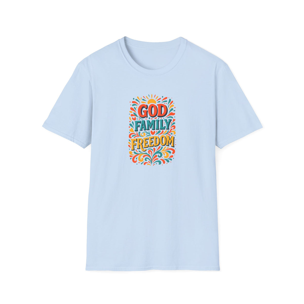 SatsandStripes.com God Family Freedom T-Shirt Colorful Religious Tee for Faith & Patriotism Sky Blue