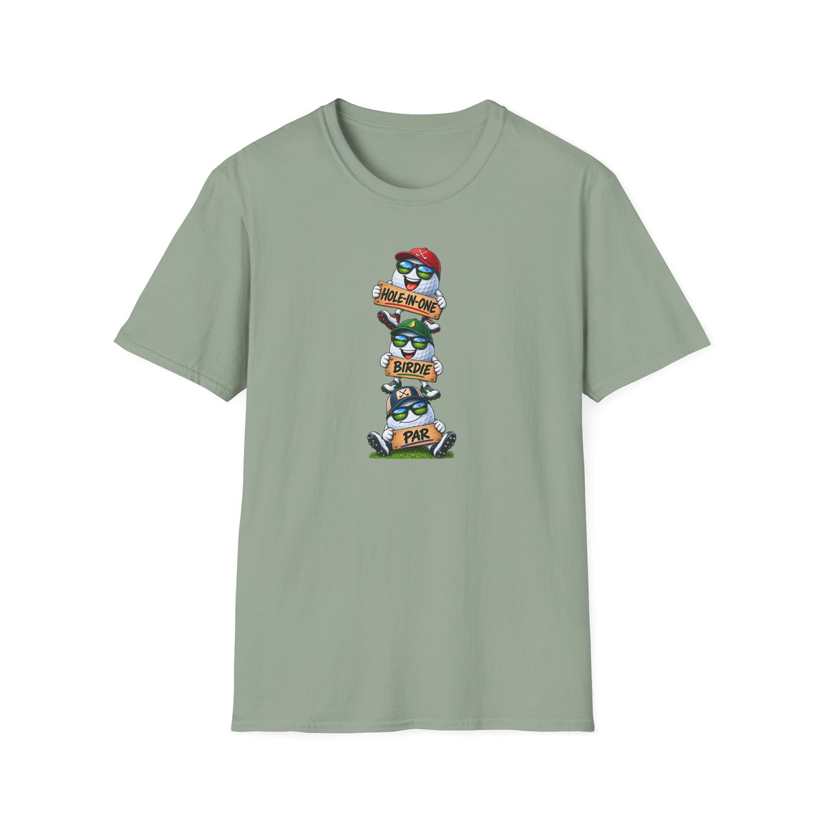 Satsandtripes.com Hole-In-One, Birdie & Par Golf Shirt – Three Balls, One Game, Zero Guarantees Sage