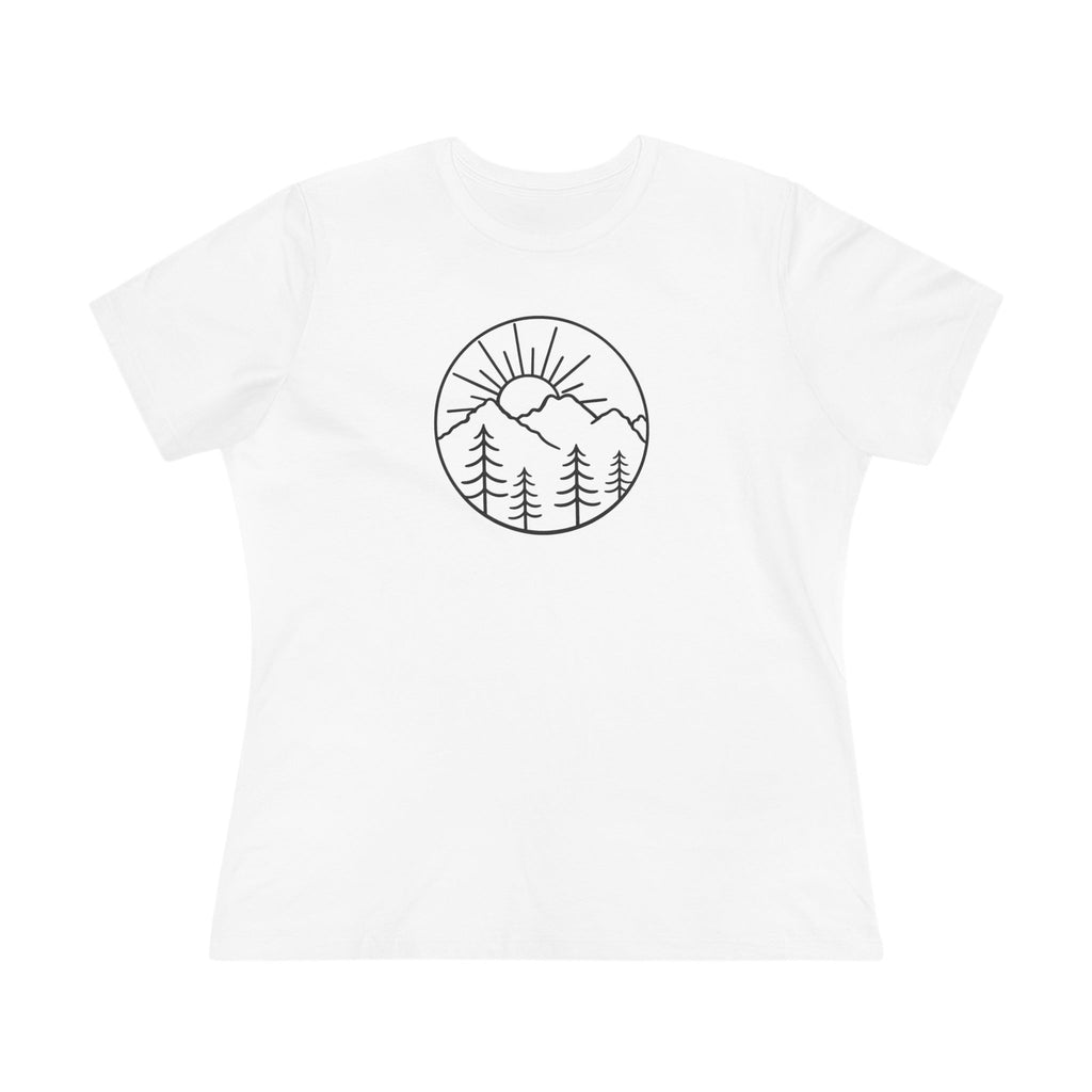 Sats and Stripes Mountain Sunrise Women's T-Shirt Minimalist Nature Graphic Tee White