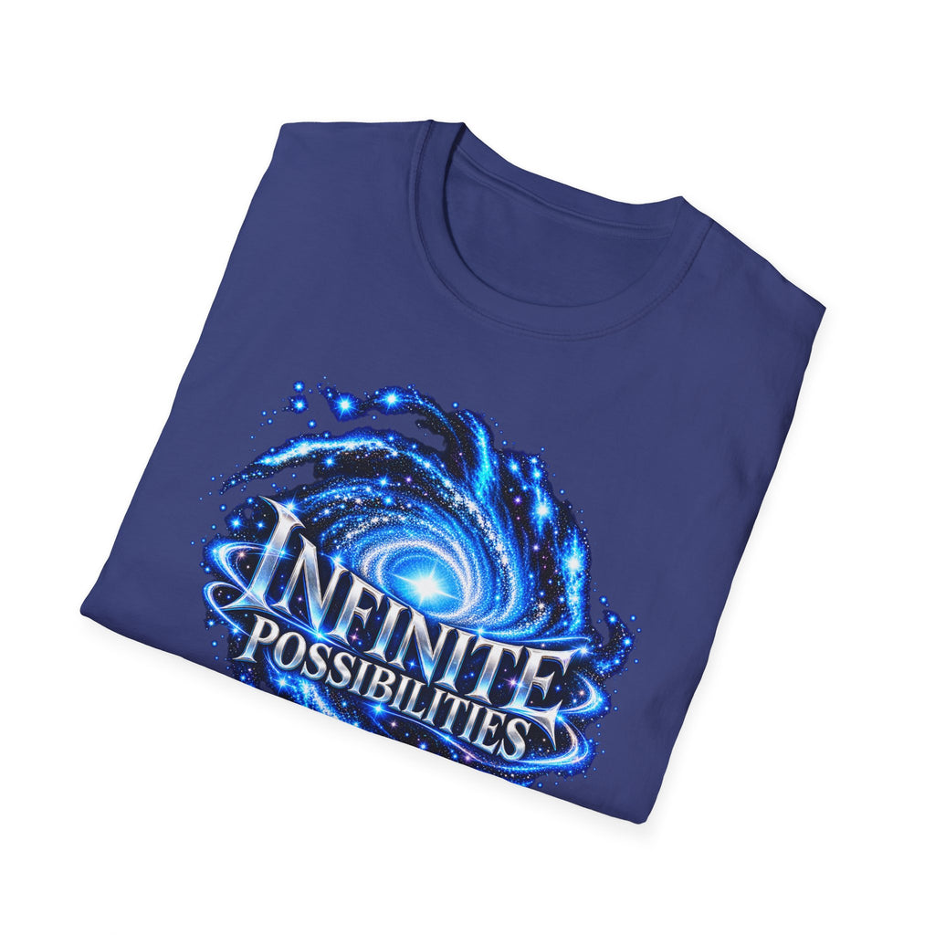 SatsandStripes.com Infinite Possibilities Galaxy Softstyle® T-Shirt – The Universe Has No Limits Neither Do You Tee Inspirational Space Lover Shirt Bold Celestial Streetwear Metro Blue Folded