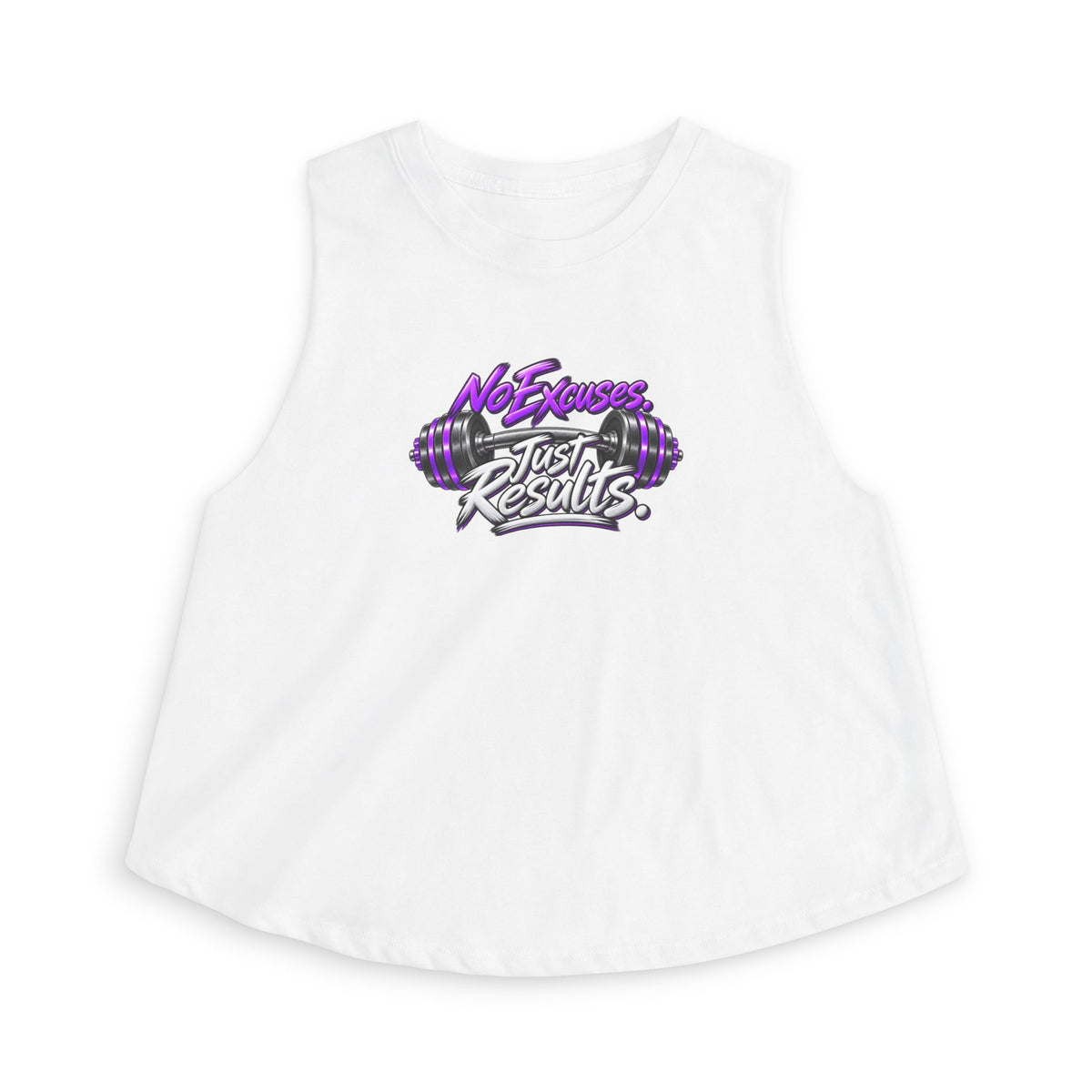 SatsandStripes.com Purple No Excuses. Just Results. Women’s Fitness Crop Top – Purple Barbell Workout Shirt White