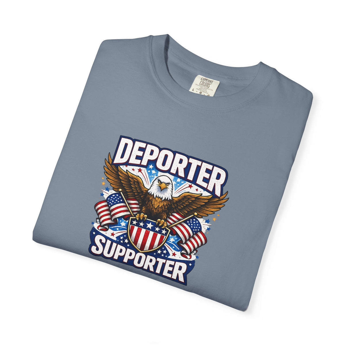 SatsandStripes.com Deporter Supporter Patriotic T-Shirt America First Eagle Tee Pro Border Apparel Gift for Patriots Blue Jean Folded