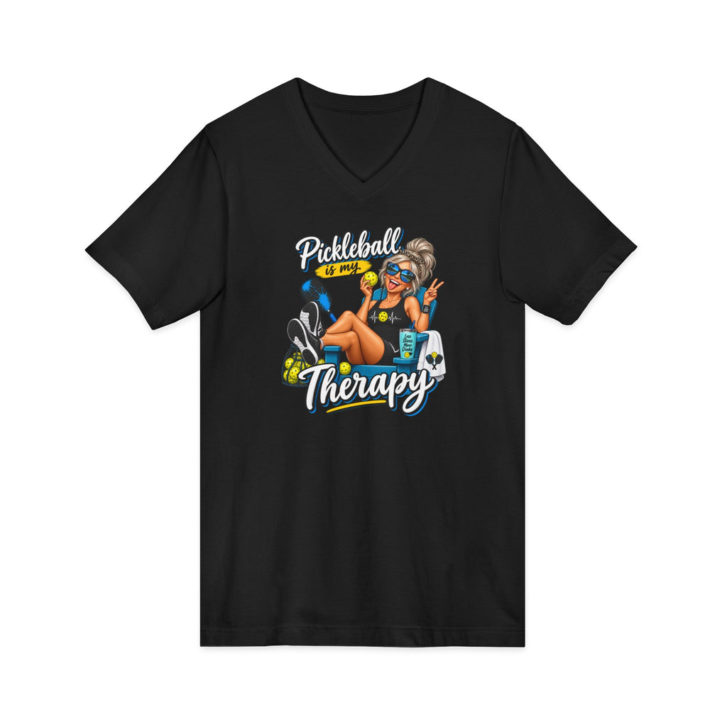SatsandStripes.com Pickleball Is My Therapy Women’s V-Neck T-Shirt – Funny Pickleball Graphic Tee Black