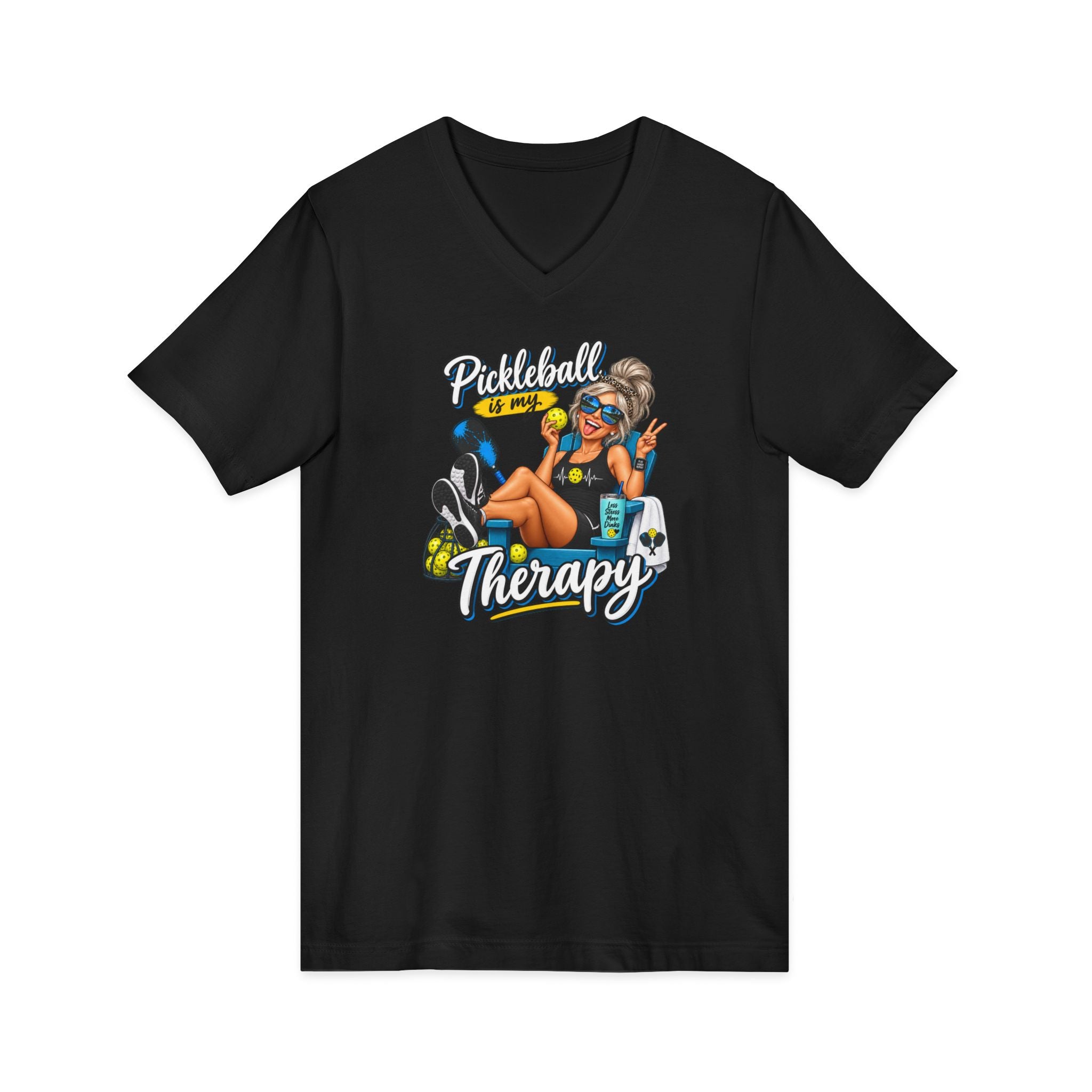 SatsandStripes.com Pickleball Is My Therapy Women’s V-Neck T-Shirt – Funny Pickleball Graphic Tee Black