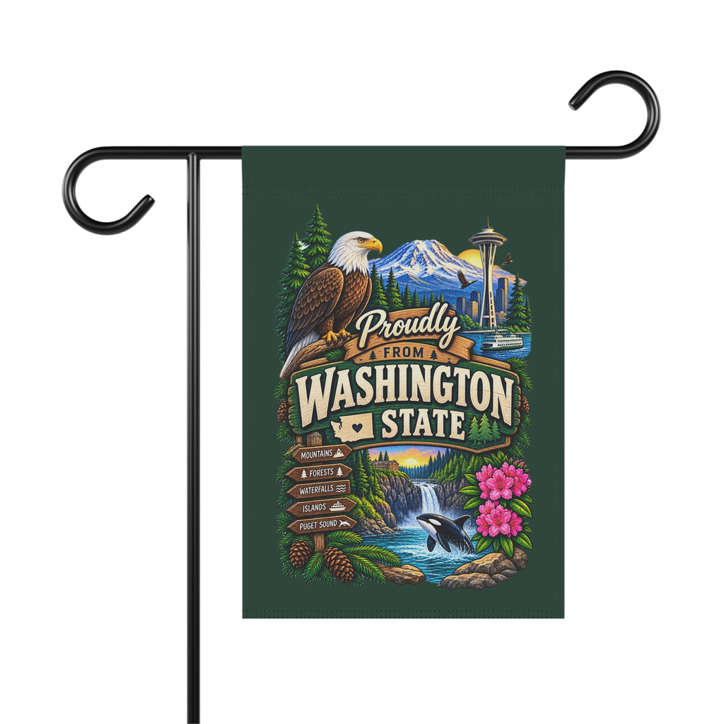 SatsandStripes.com Proudly From Washington State Garden Flag – Pacific Northwest Mountains, Orca & Evergreen Yard Décor 12 x 18