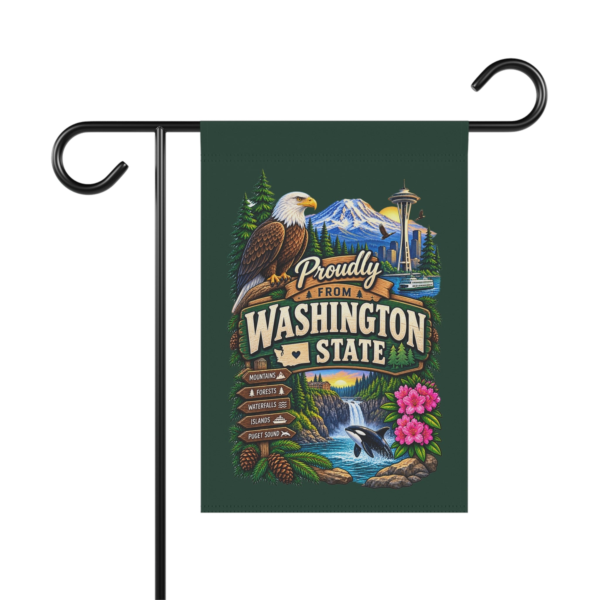SatsandStripes.com Proudly From Washington State Garden Flag – Pacific Northwest Mountains, Orca & Evergreen Yard Décor 12 x 18