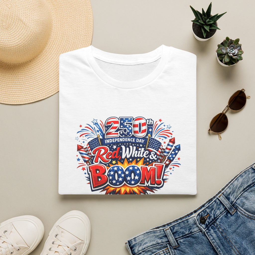 Sats and Stripes Red White & Boom 250th Anniversary Tee Patriotic 4th of July Fireworks Tee USA White Folded