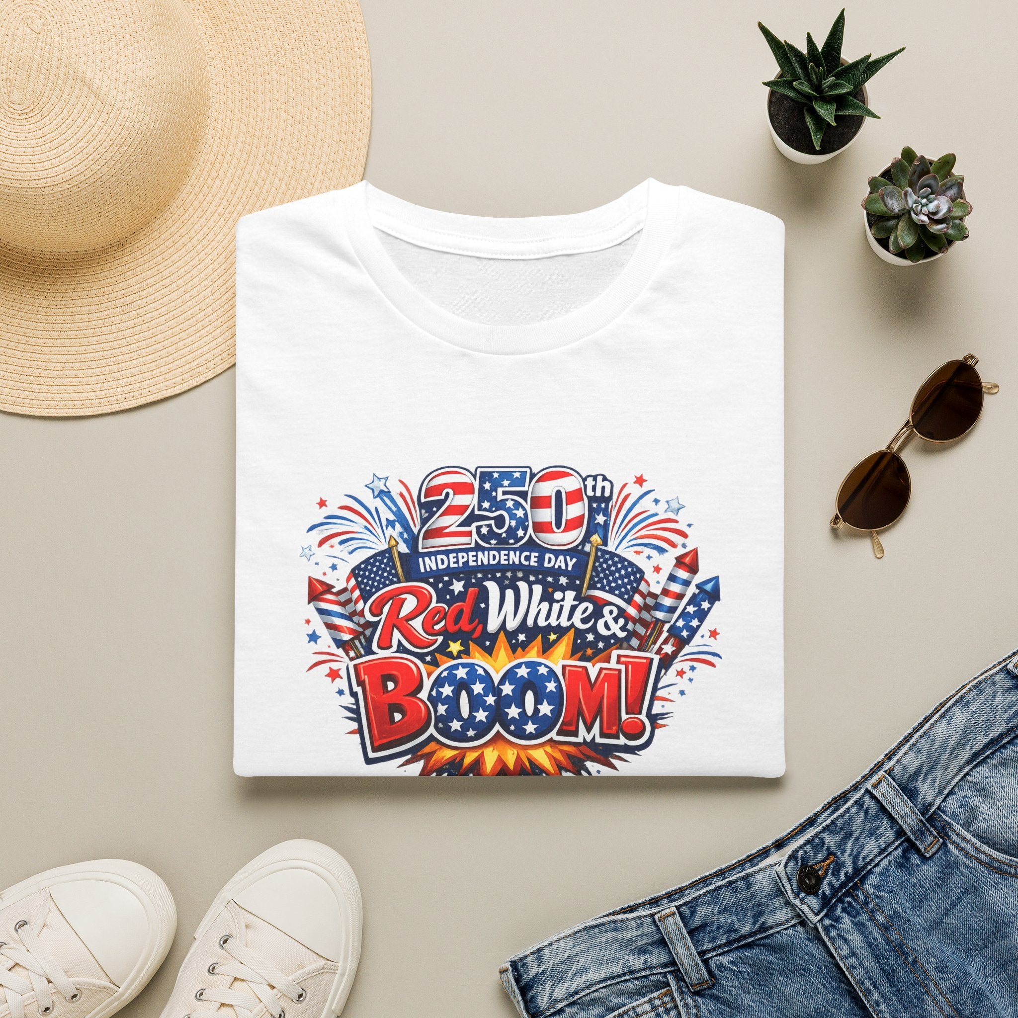 Sats and Stripes Red White & Boom 250th Anniversary Tee Patriotic 4th of July Fireworks Tee USA White Folded