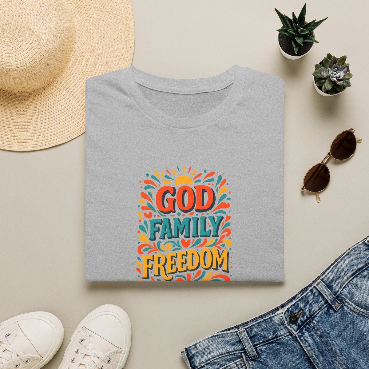 SatsandStripes.com God Family Freedom T-Shirt Colorful Religious Tee for Faith & Patriotism Grey Folded