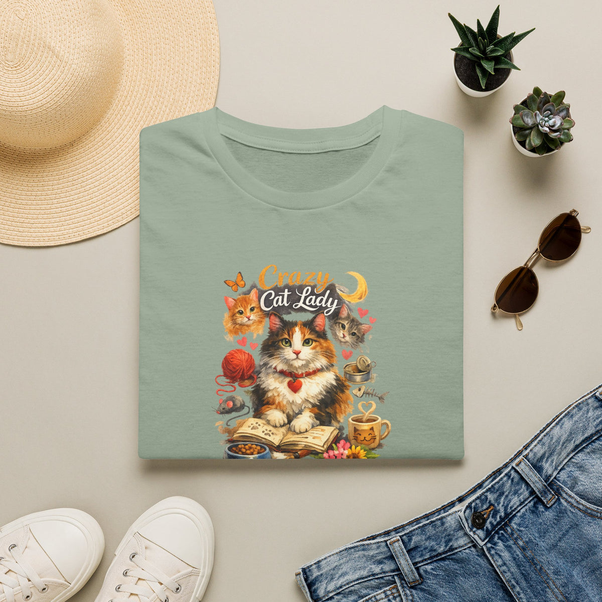 SatsandStripes.com Crazy Cat Lady T-Shirt Cute Cat Mom Graphic Tee Cat Lover Shirt Gift for Cat Moms Whimsical Cat Art Top 8 colors 100% cotton Sage