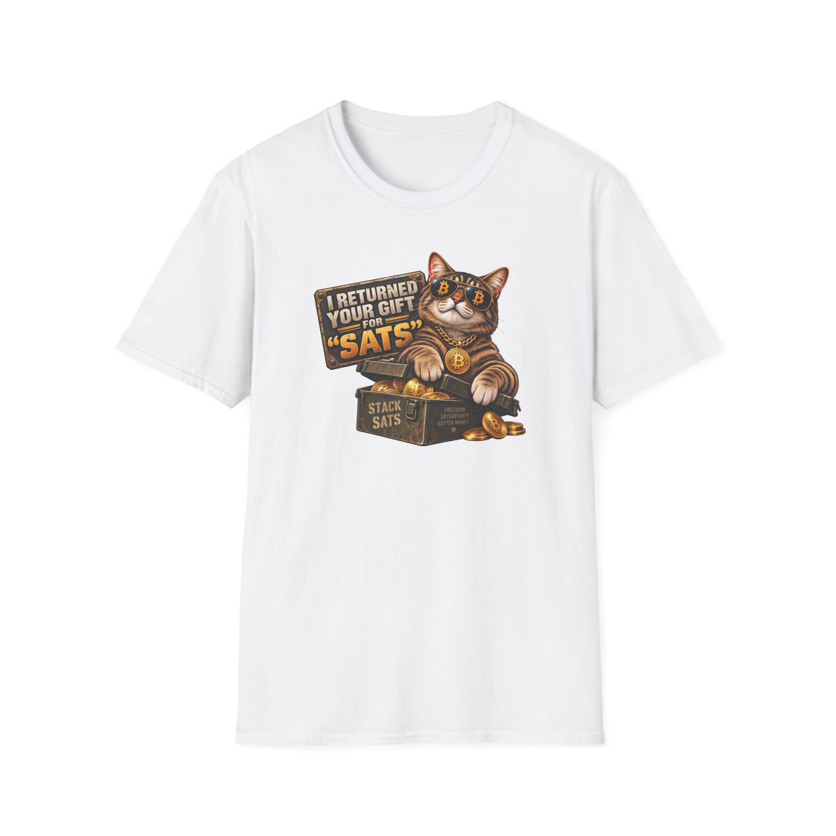 SatsandStripes.com I Returned Your Gift for Sats T-Shirt Funny Bitcoin Cat Graphic Tee Crypto Holiday Tee for Bitcoin Lovers White