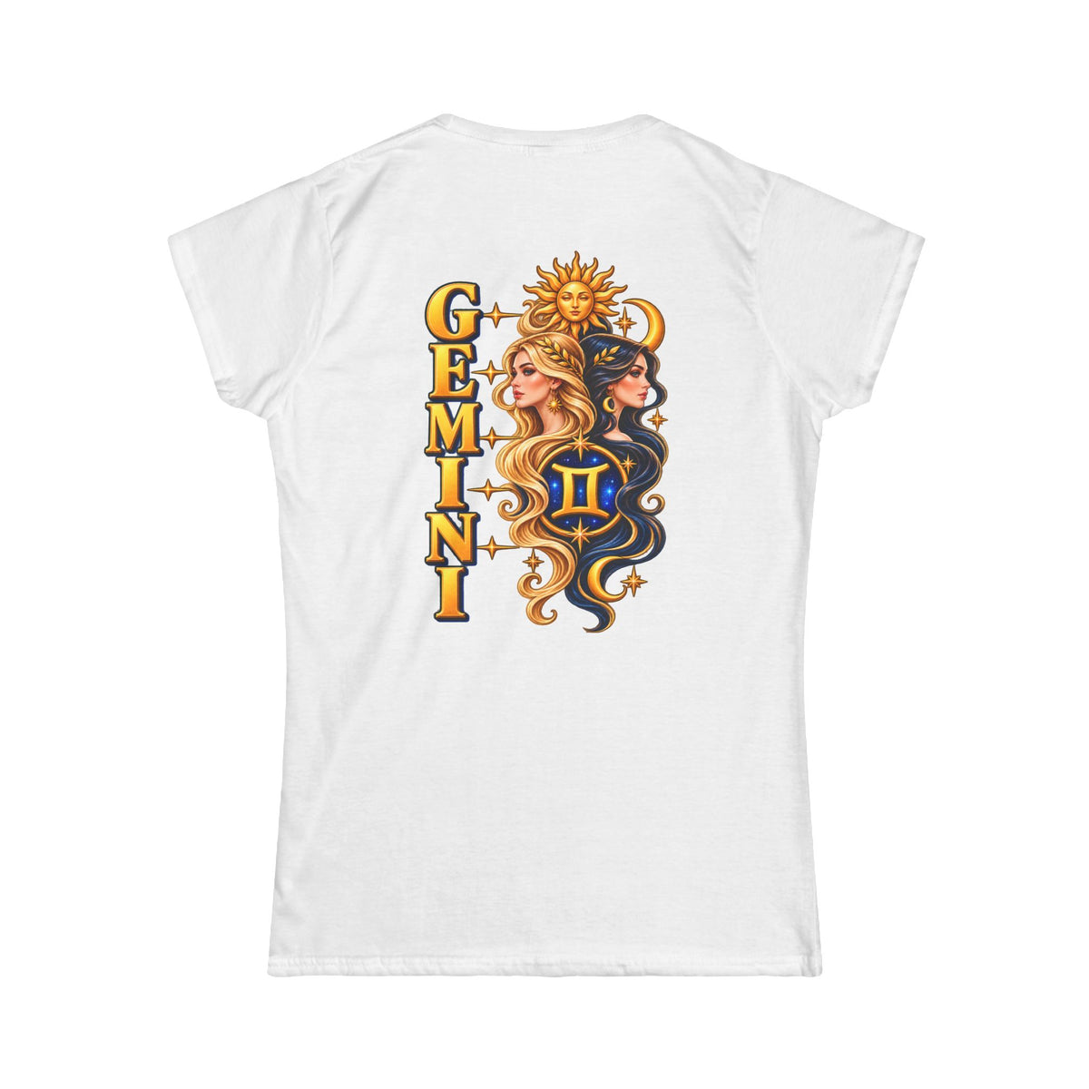 SatsandStripes.com Gemini Zodiac Women’s SoftStyle T-Shirt – Celestial Twins Astrology Tee, Bold Gold Back Print White