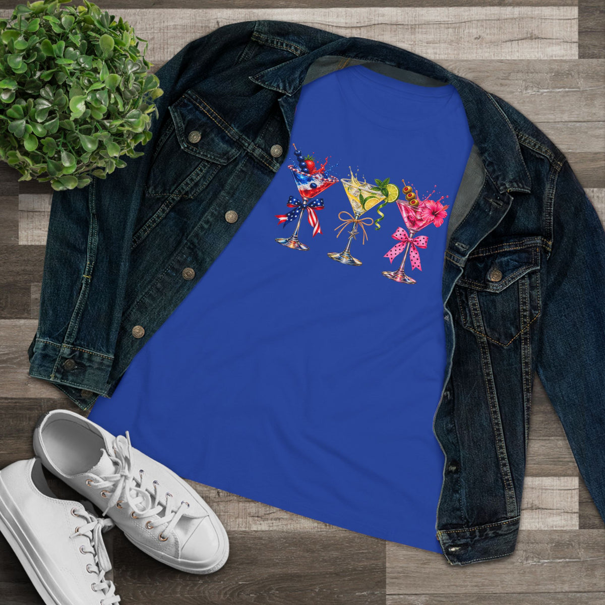 SatsandStripes.com Three Martini Glasses Women's T-Shirt Colorful Cocktail Lover Graphic Tee Royal Blue with Jean Jacket