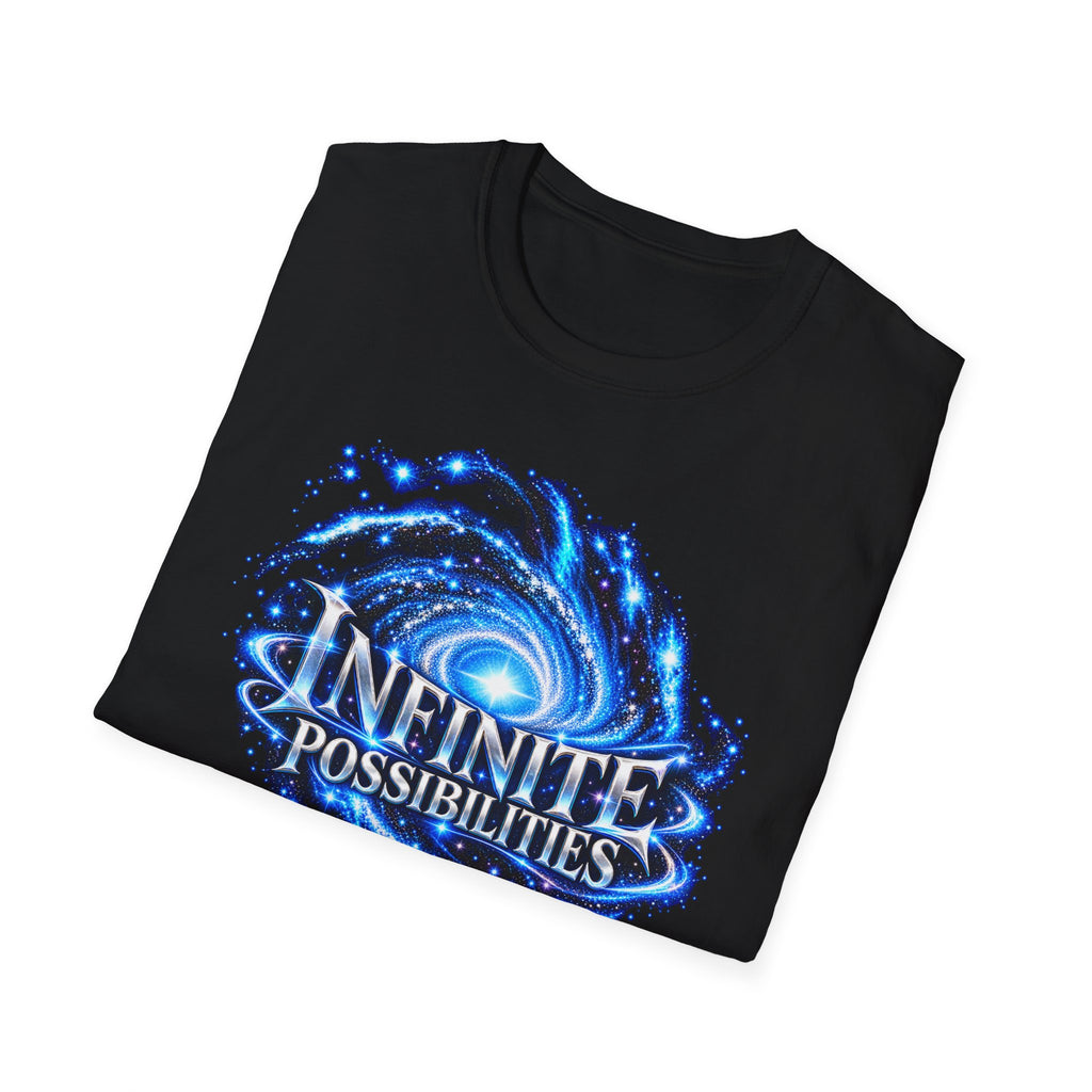SatsandStripes.com Infinite Possibilities Galaxy Softstyle® T-Shirt – The Universe Has No Limits Neither Do You Tee Inspirational Space Lover Shirt Bold Celestial Streetwear Black Folded