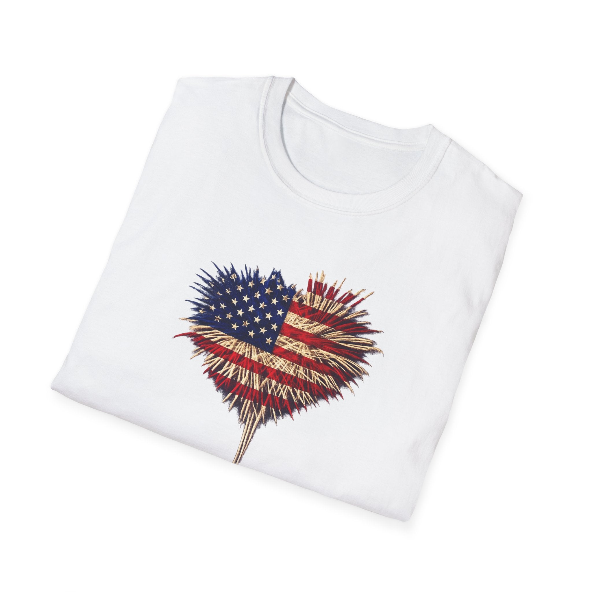American Flag Fireworks Heart T-Shirt Patriotic 4th of July Shirt USA Independence Day Tee 7 colors 100% cotton