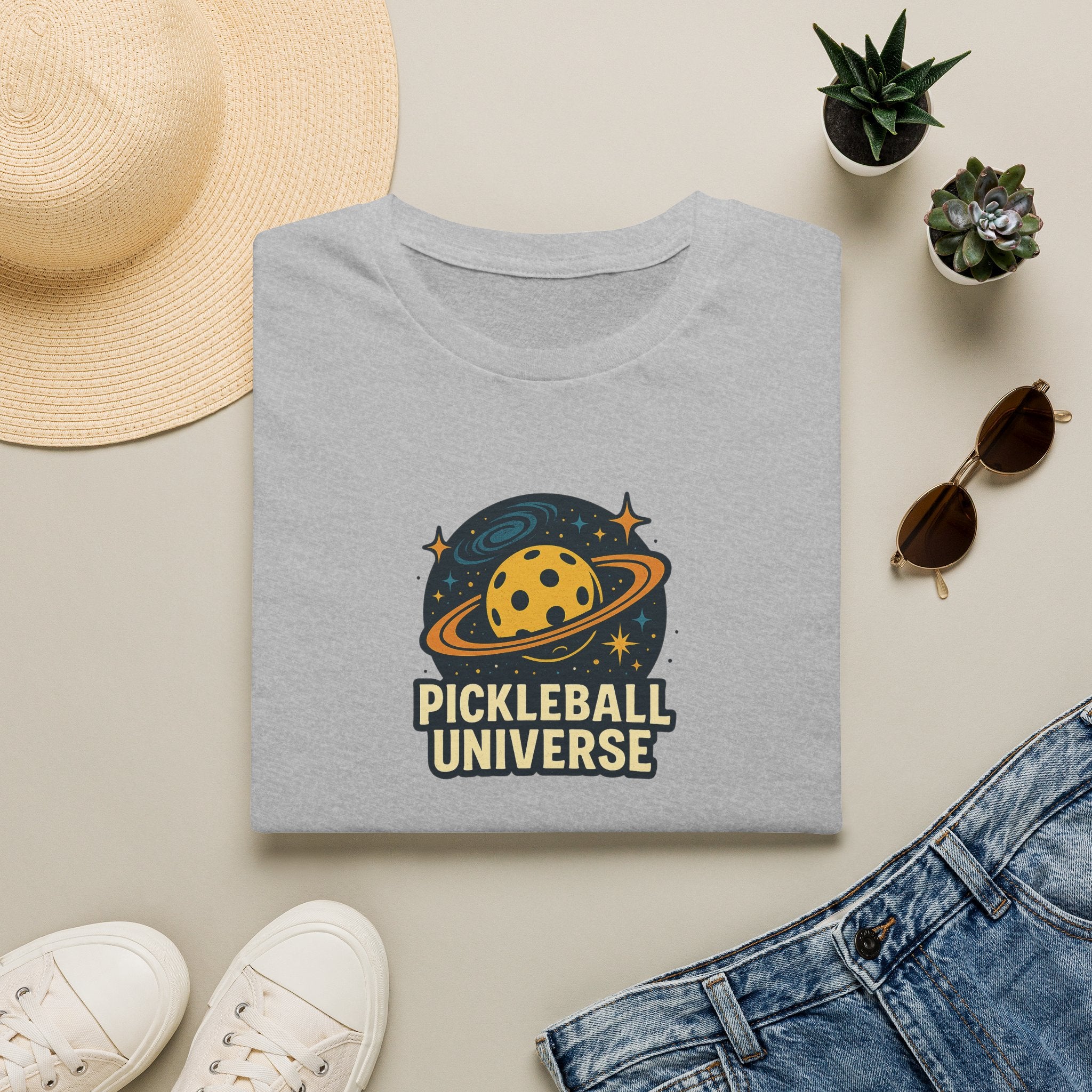 Sats and Stripes Pickleball Universe T-Shirt Fun Space Pickleball Graphic Tee Grey Folded
