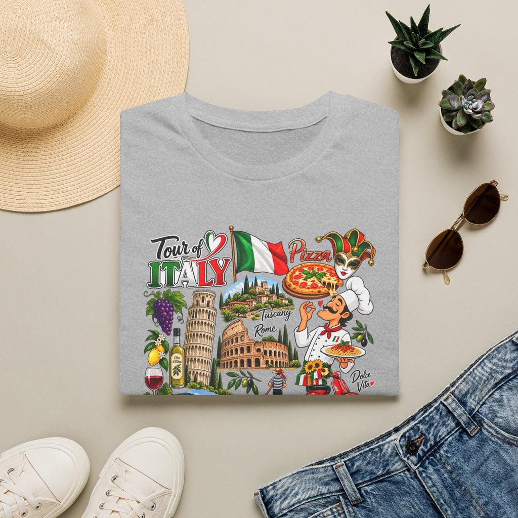 Tour of Italy Unisex T-Shirt – Italian Travel, Pizza, Venice & Rome Graphic Tee Grey Folded