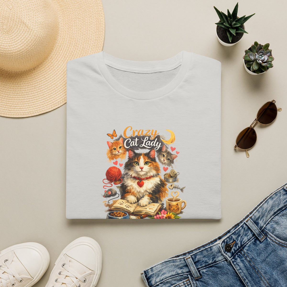 SatsandStripes.com Crazy Cat Lady T-Shirt Cute Cat Mom Graphic Tee Cat Lover Shirt Gift for Cat Moms Whimsical Cat Art Top 8 colors 100% cotton