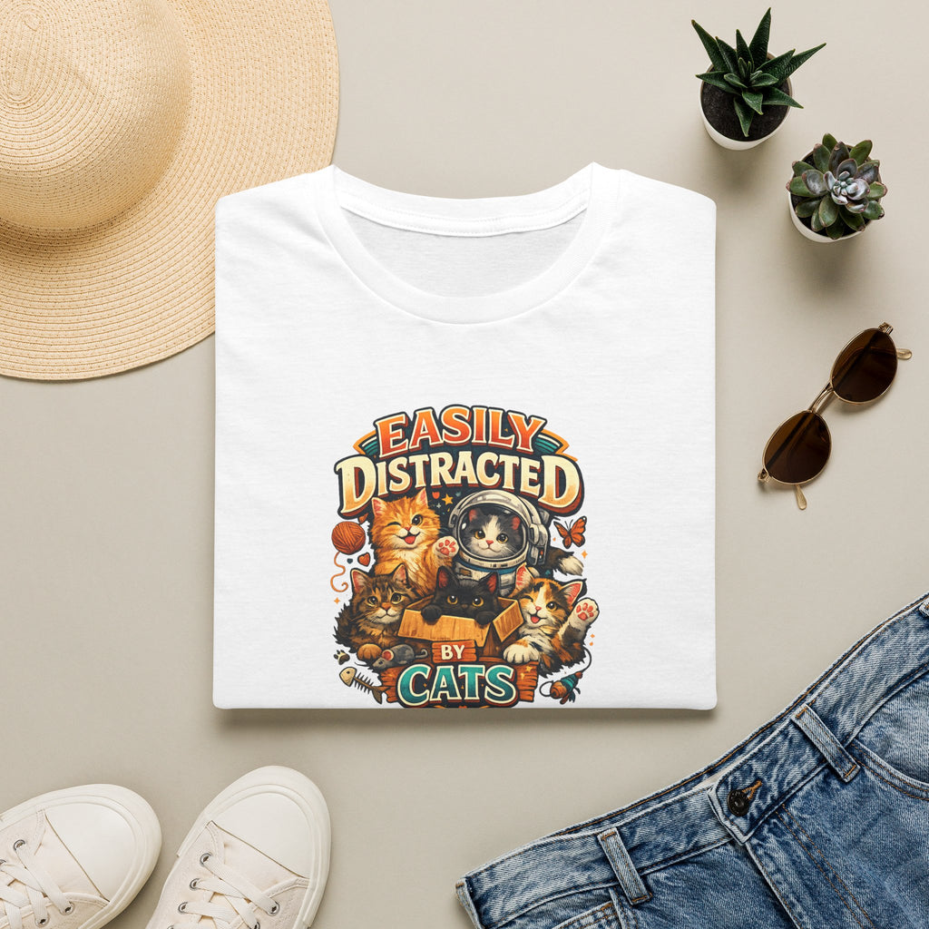 SatsandStripes.com Easily Distracted by Cats T-Shirt Cute Cat Lover Shirt Funny Cat Mom Tee Cozy Pet Lover Gift White Folded