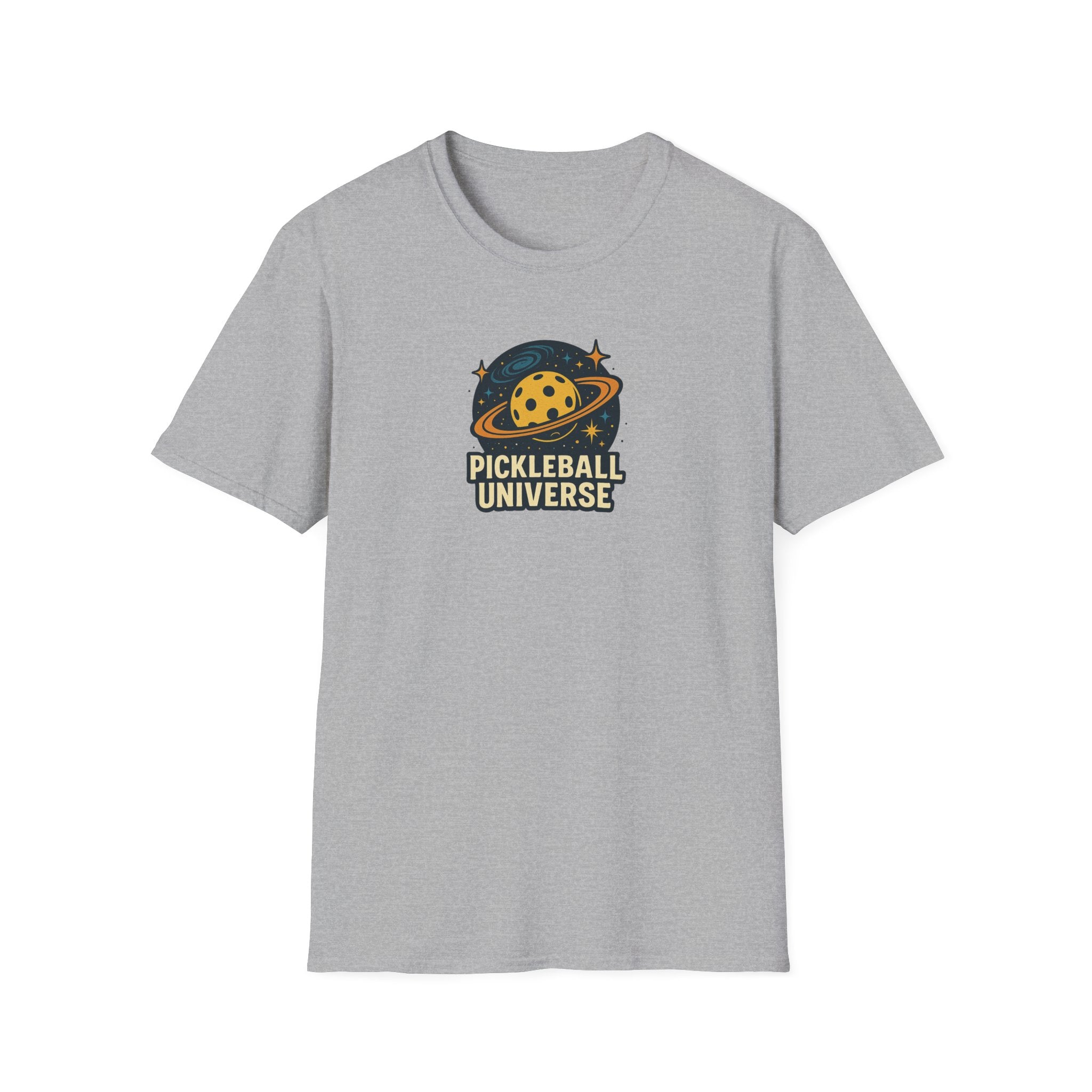 Sats and Stripes Pickleball Universe T-Shirt Fun Space Pickleball Graphic Tee Grey