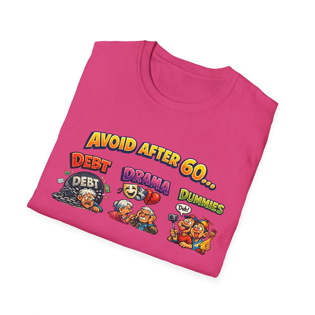 SatsandStripes.com Avoid After 60 Funny T-Shirt Birthday Gift for Men & Women Over 60 Sarcastic Aging Tee Pink Folded