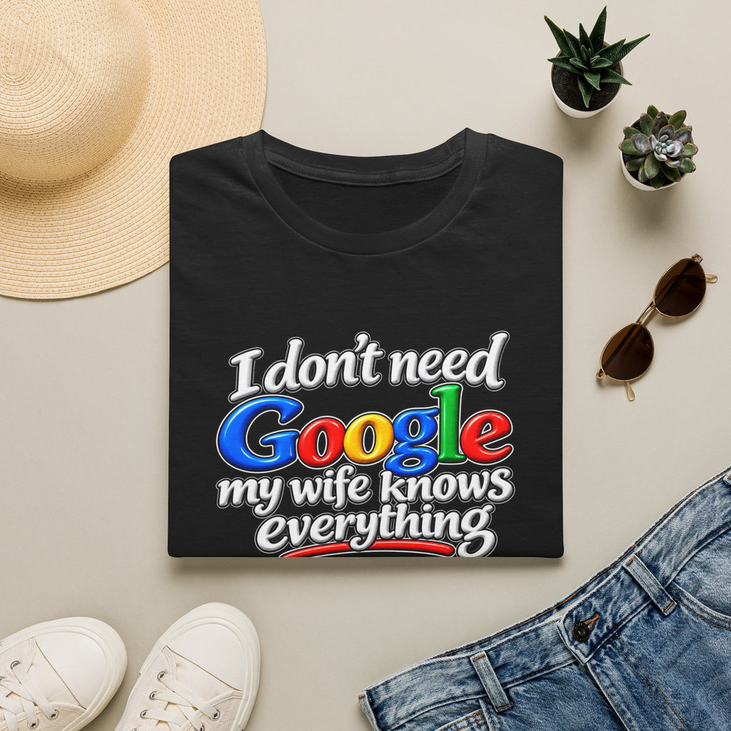 SatsandStripes.com I Don’t Need Google, My Husband Knows Everything – Funny Wife Softstyle® T-Shirt Black Folded