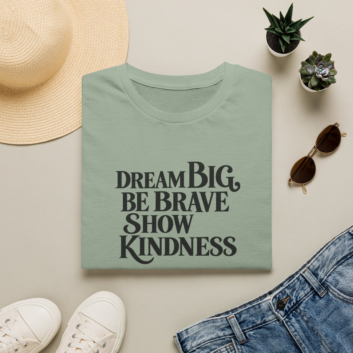 SatsandStripes.com Dream Big Be Brave Show Kindness Softstyle® T-Shirt Inspirational Positive Message Tee Sage Folded