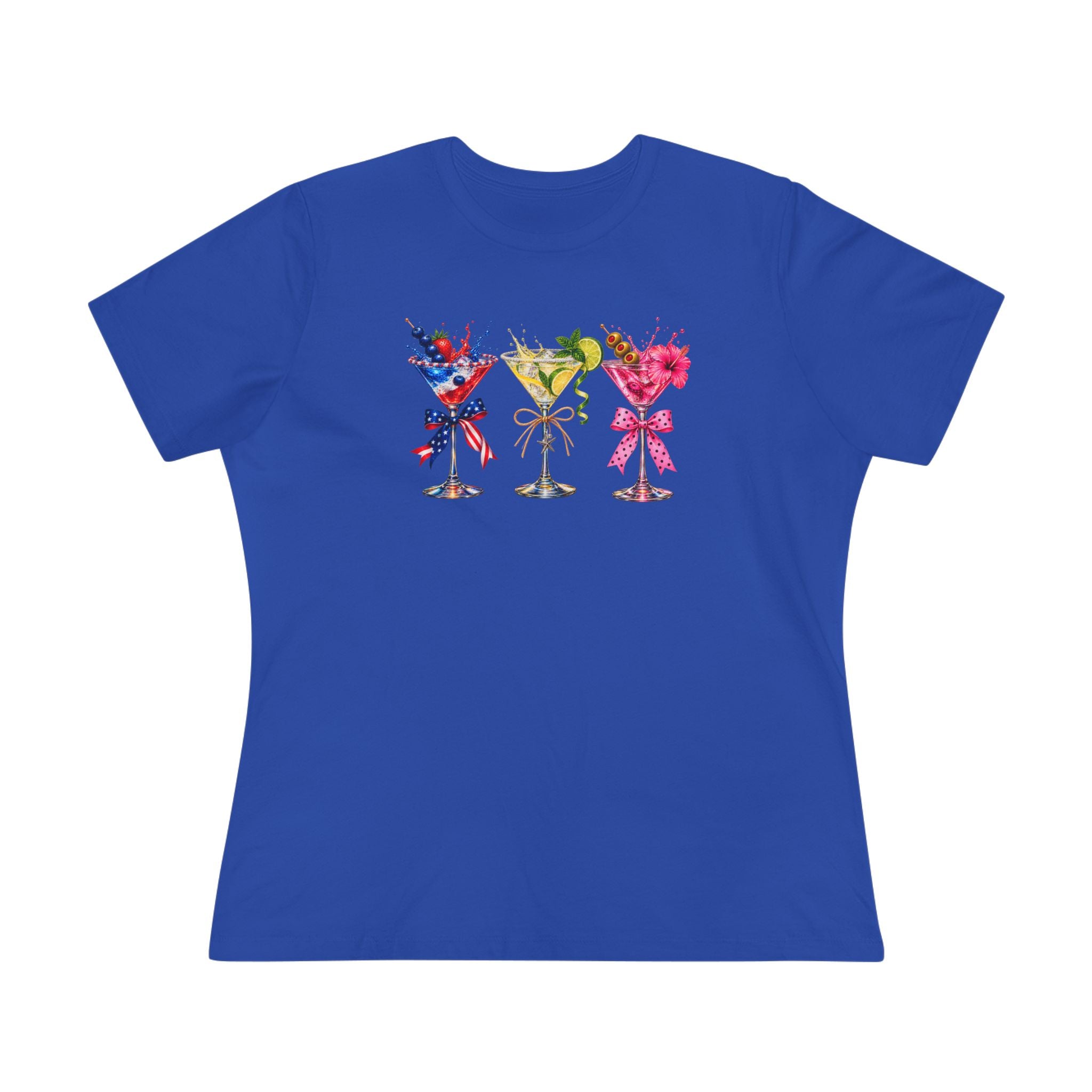 SatsandStripes.com Three Martini Glasses Women's T-Shirt Colorful Cocktail Lover Graphic Tee Royal Blue