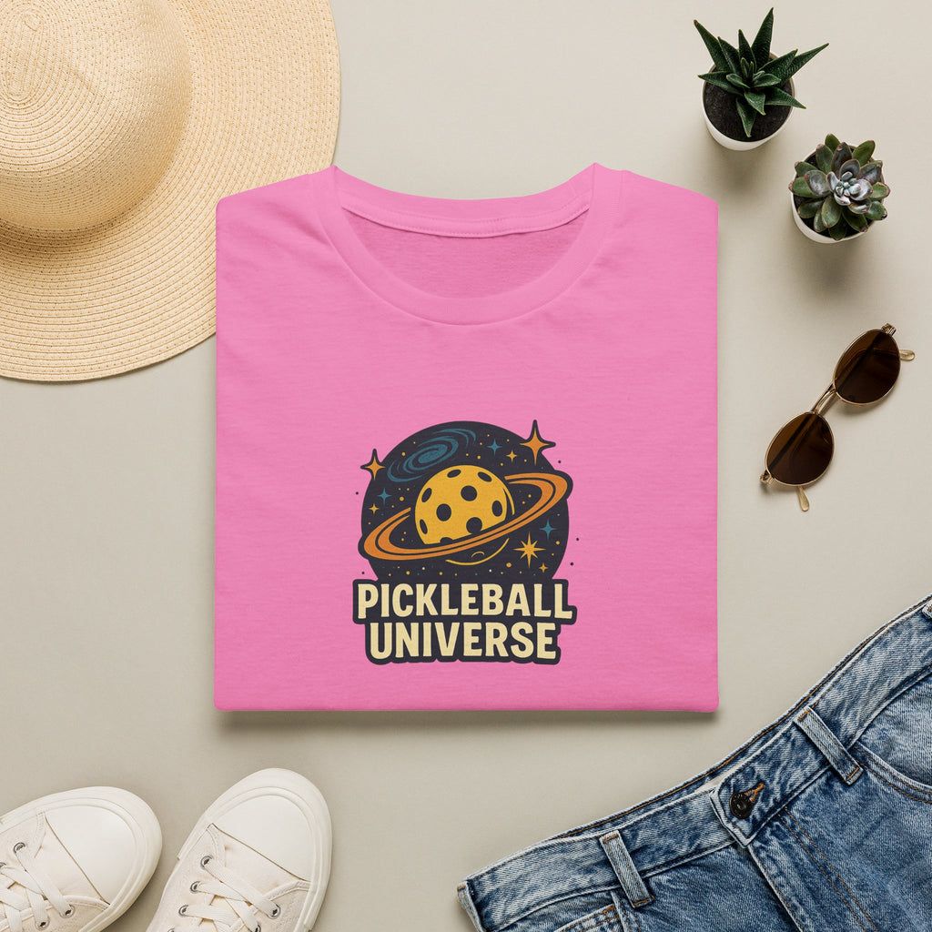 Sats and Stripes Pickleball Universe T-Shirt Fun Space Pickleball Graphic Tee Pink Folded