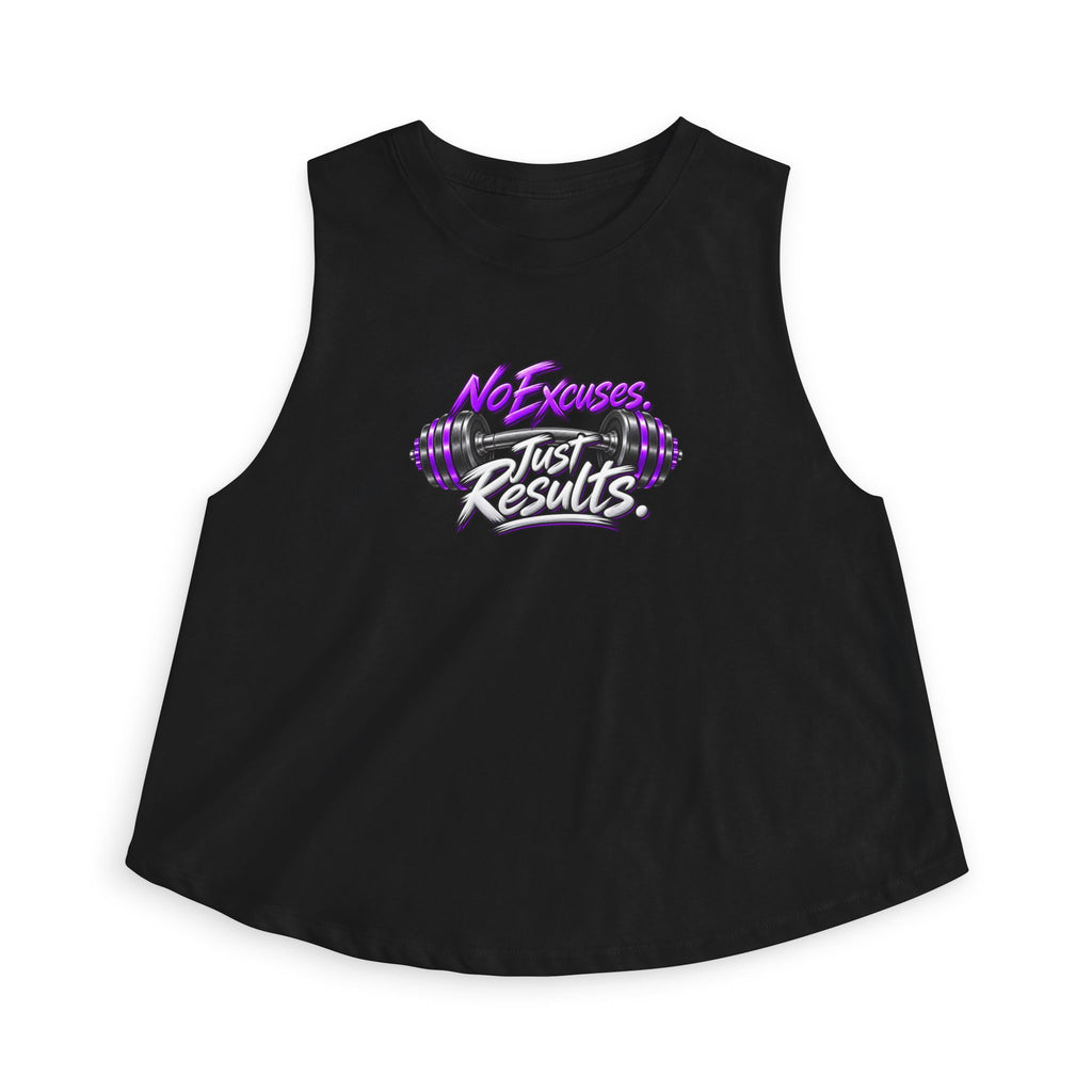 SatsandStripes.com Purple No Excuses. Just Results. Women’s Fitness Crop Top – Purple Barbell Workout Shirt Black