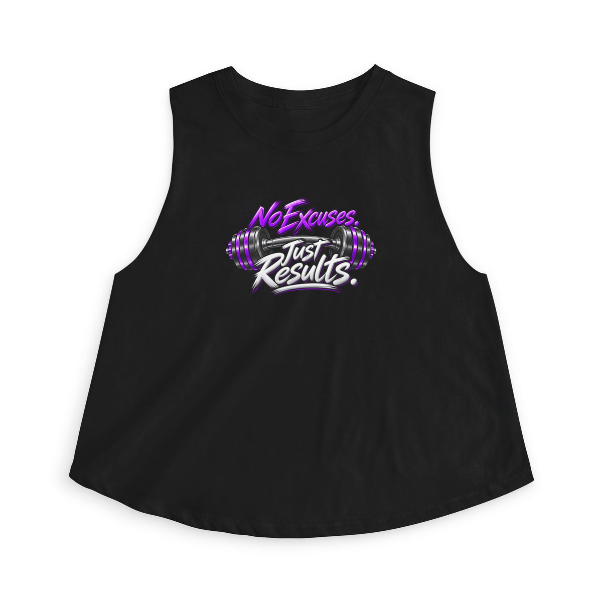 SatsandStripes.com Purple No Excuses. Just Results. Women’s Fitness Crop Top – Purple Barbell Workout Shirt Black