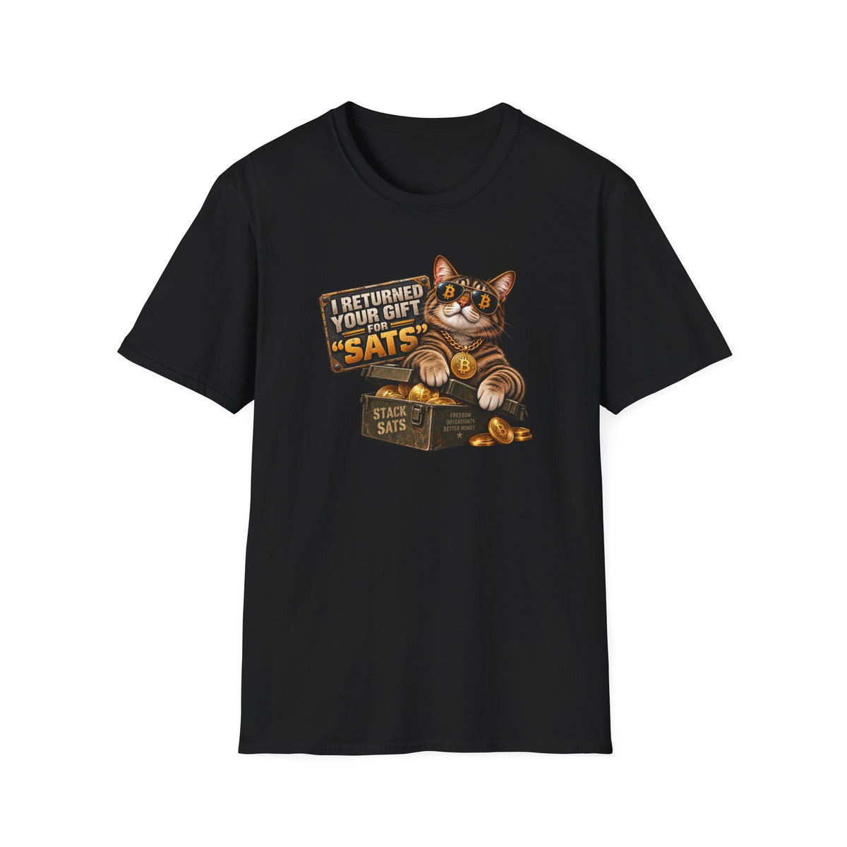 SatsandStripes.com I Returned Your Gift for Sats T-Shirt Funny Bitcoin Cat Graphic Tee Crypto Holiday Tee for Bitcoin Lovers Black