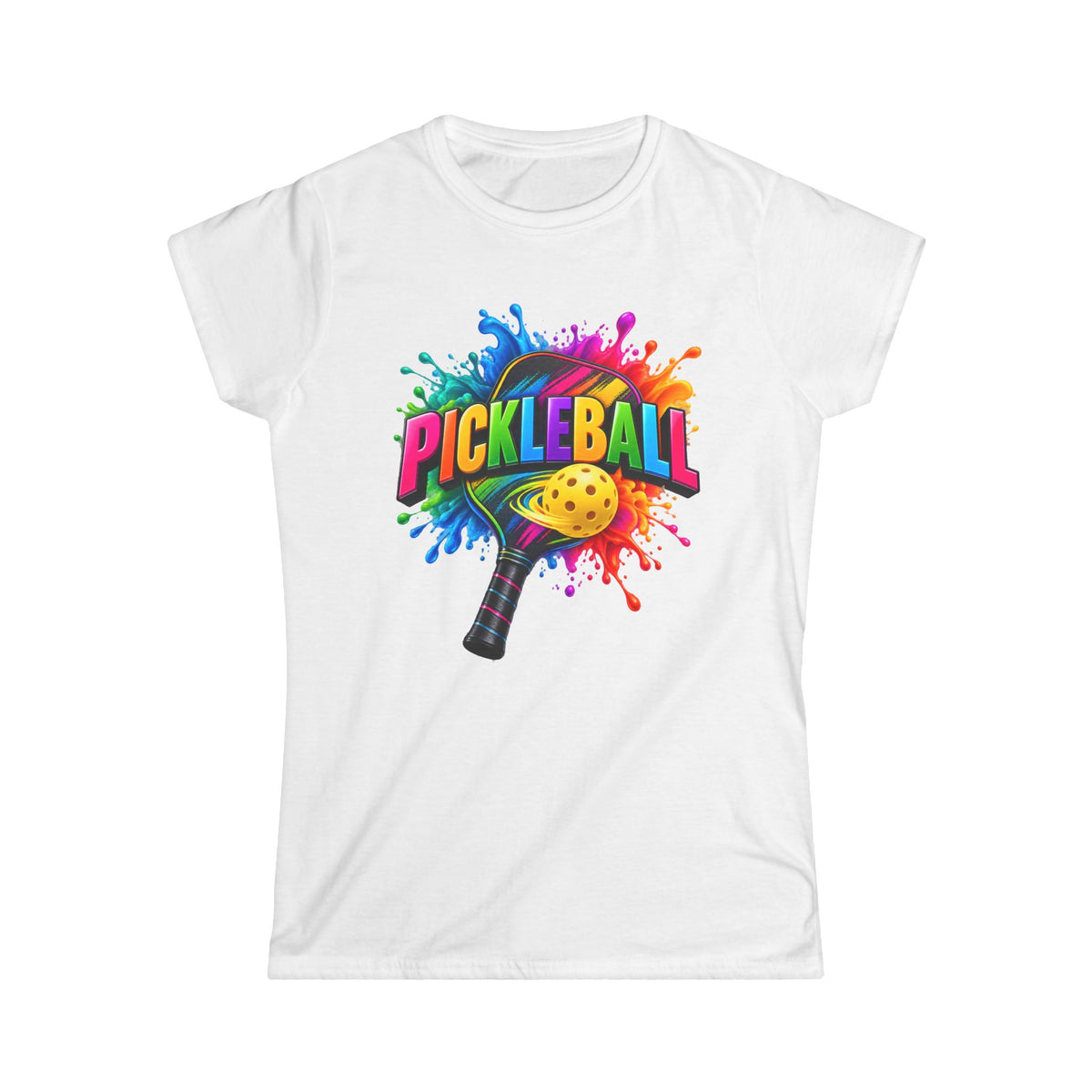 SatsandSripes.com Color Splash Pickleball Women’s SoftStyle T-Shirt – Bright Paddle & Ball Graphic Tee White