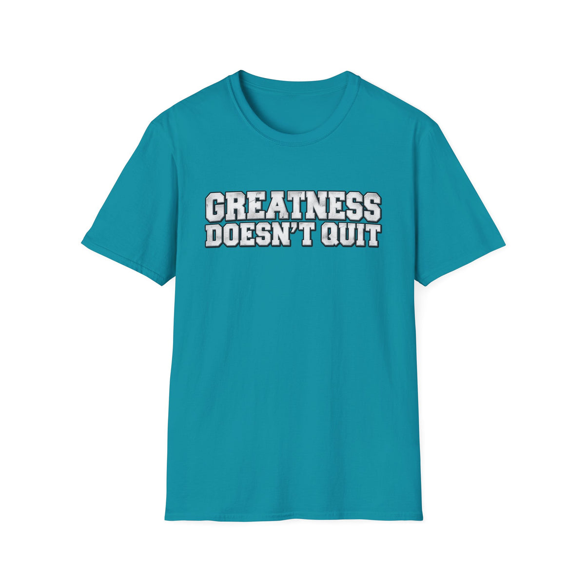 SatsandStripes.com Greatness Doesn’t Quit Softstyle® T-Shirt – Motivational Graphic Tee, Inspirational Shirt, Positive Mindset Gift for Men & Women Tropical Blue