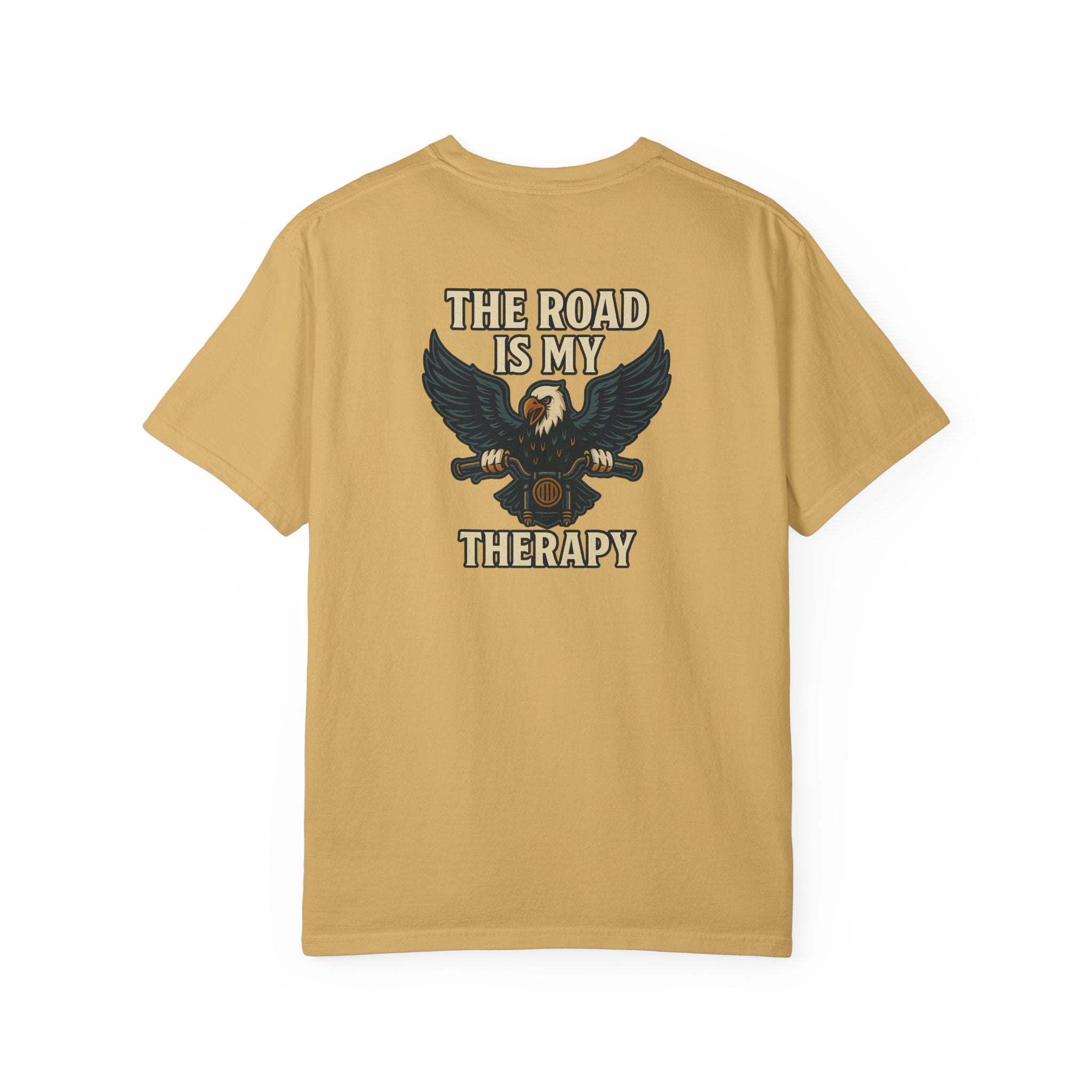 Sats and Stripes The Road is my Therapy T-shirt Harley Motorcycle Rider Tee Gold