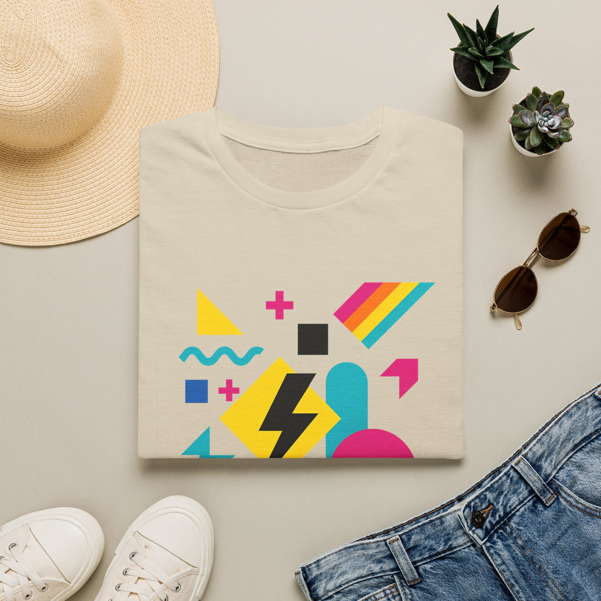 Colorful Geometric Print Softstyle® T-Shirt Graphic Tee Casual Wear Street Style Gift Idea Sand Folded
