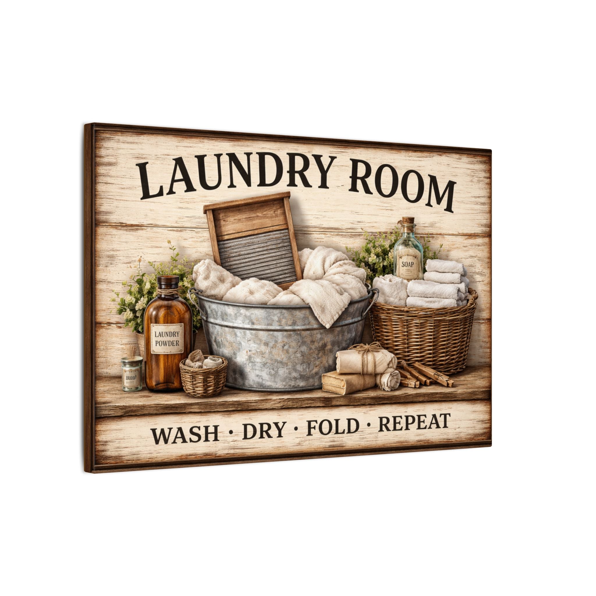 Rustic Laundry Room Wall Art Canvas Wash Dry Fold Repeat Farmhouse Laundry Sign Vintage Laundry Decor Wall Hanging 18 x 12
