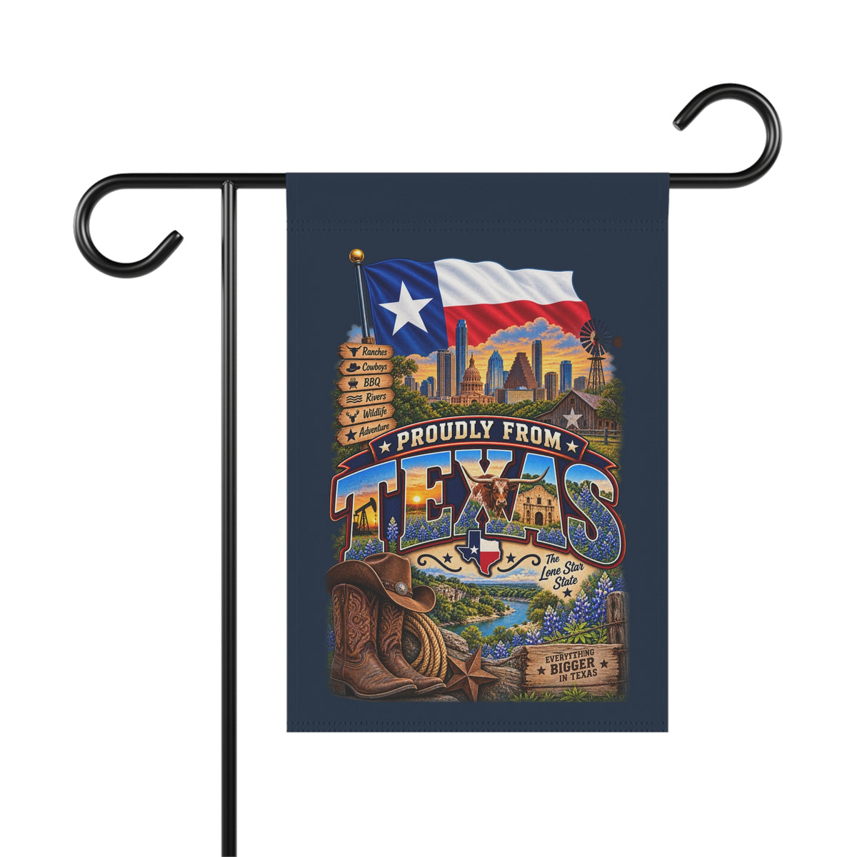 SatsandStripes.com Proudly From Texas Garden Flag 12 x 18 – Lone Star State Bluebonnets, Cowboy & Ranch Yard Decor