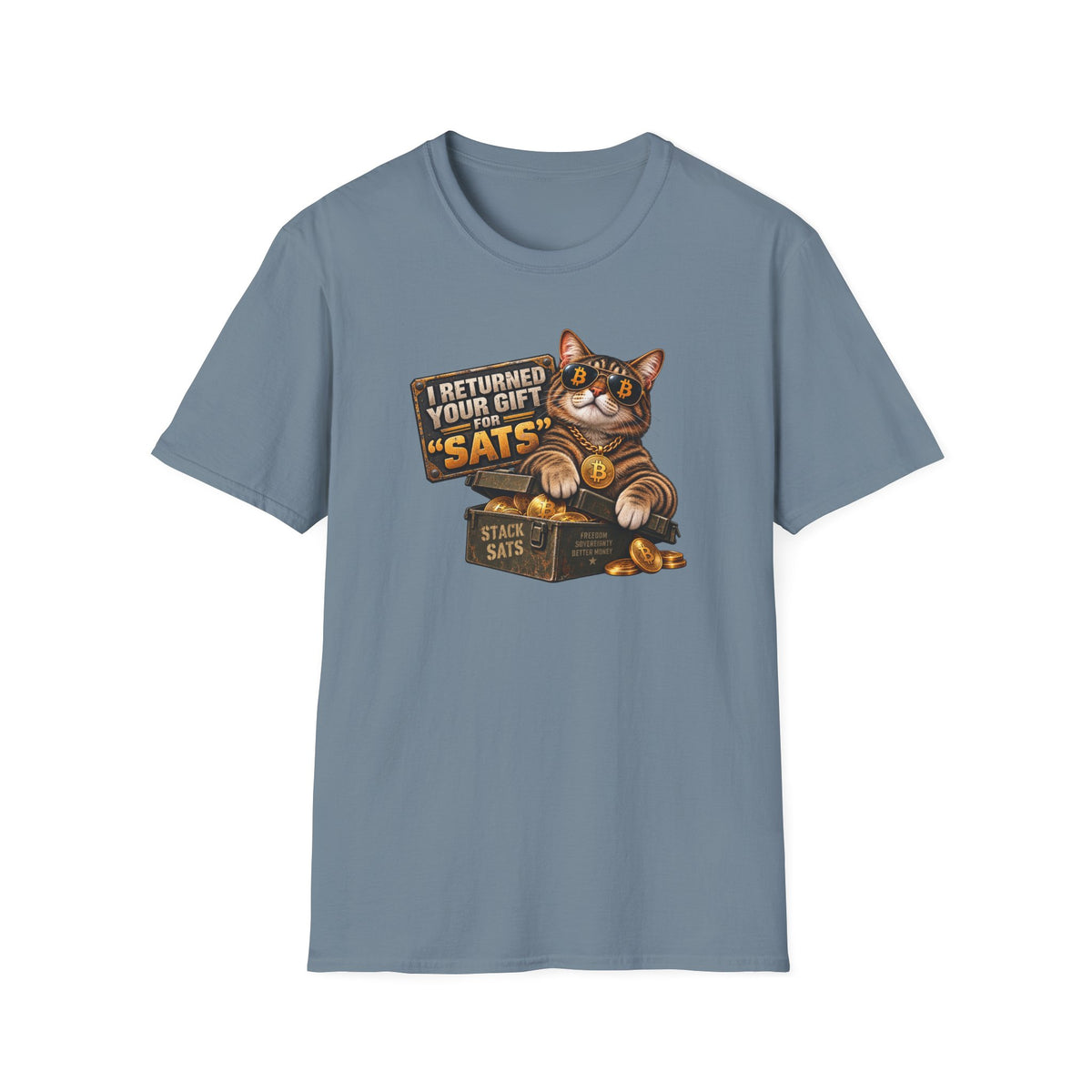 SatsandStripes.com I Returned Your Gift for Sats T-Shirt Funny Bitcoin Cat Graphic Tee Crypto Holiday Tee for Bitcoin Lovers Stone Blue