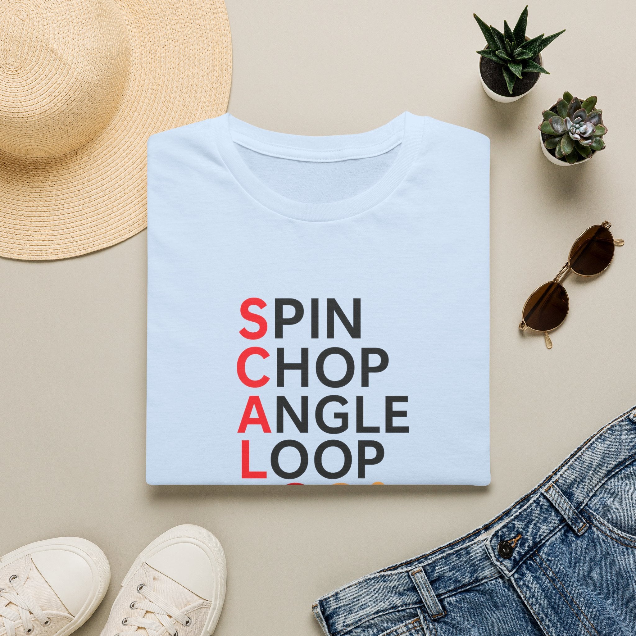 Sats and Stripes Table Tennis Spin, Chop, Angle, Loop T-Shirt Ping Pong Tee for Players Sky Blue Folded