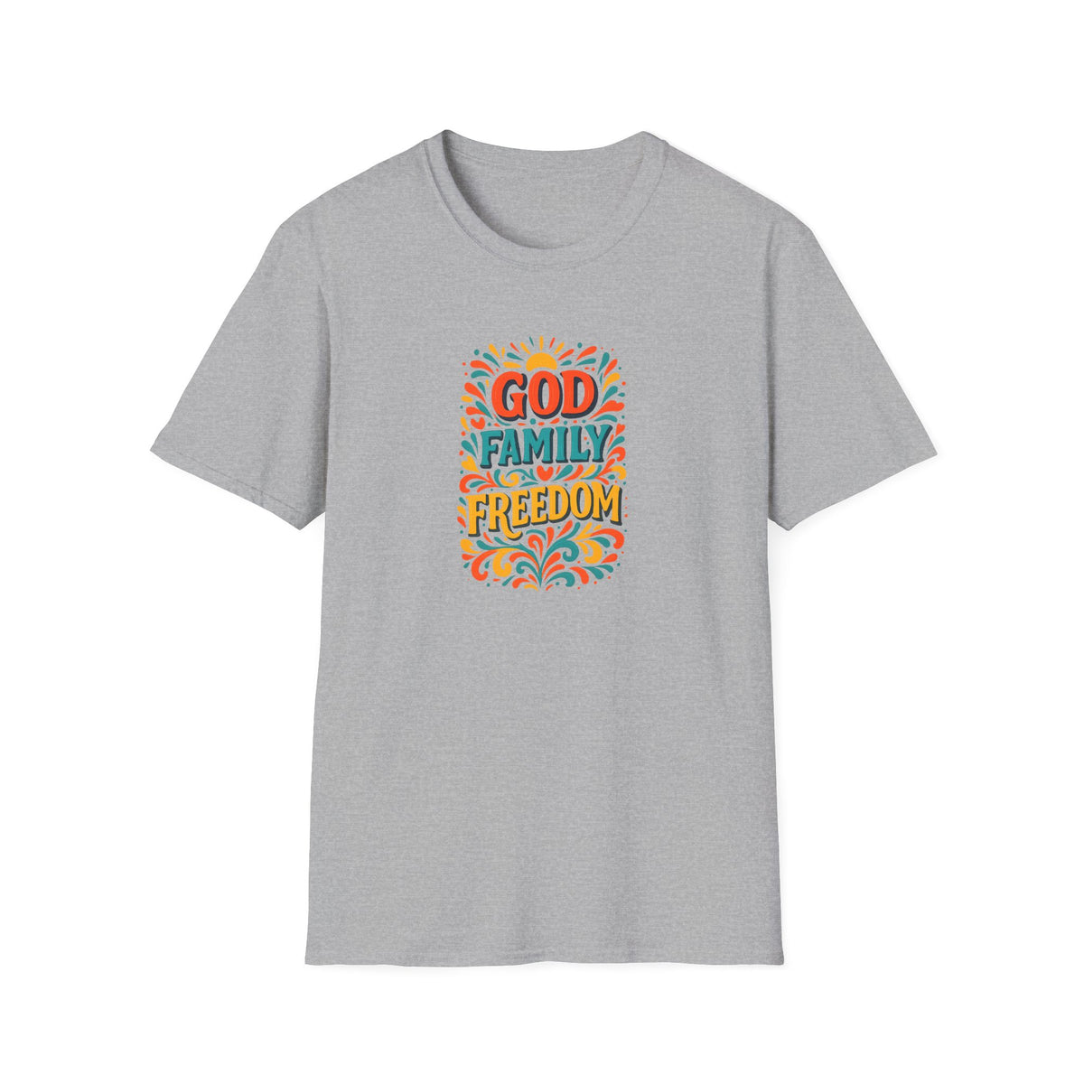 SatsandStripes.com God Family Freedom T-Shirt Colorful Religious Tee for Faith & Patriotism Grey