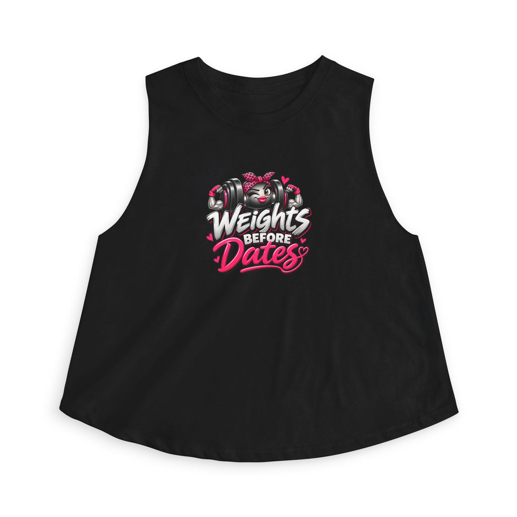 SatsandStripes.com Weights Before Dates Women’s Crop Top – Funny Gym Workout Tank Black