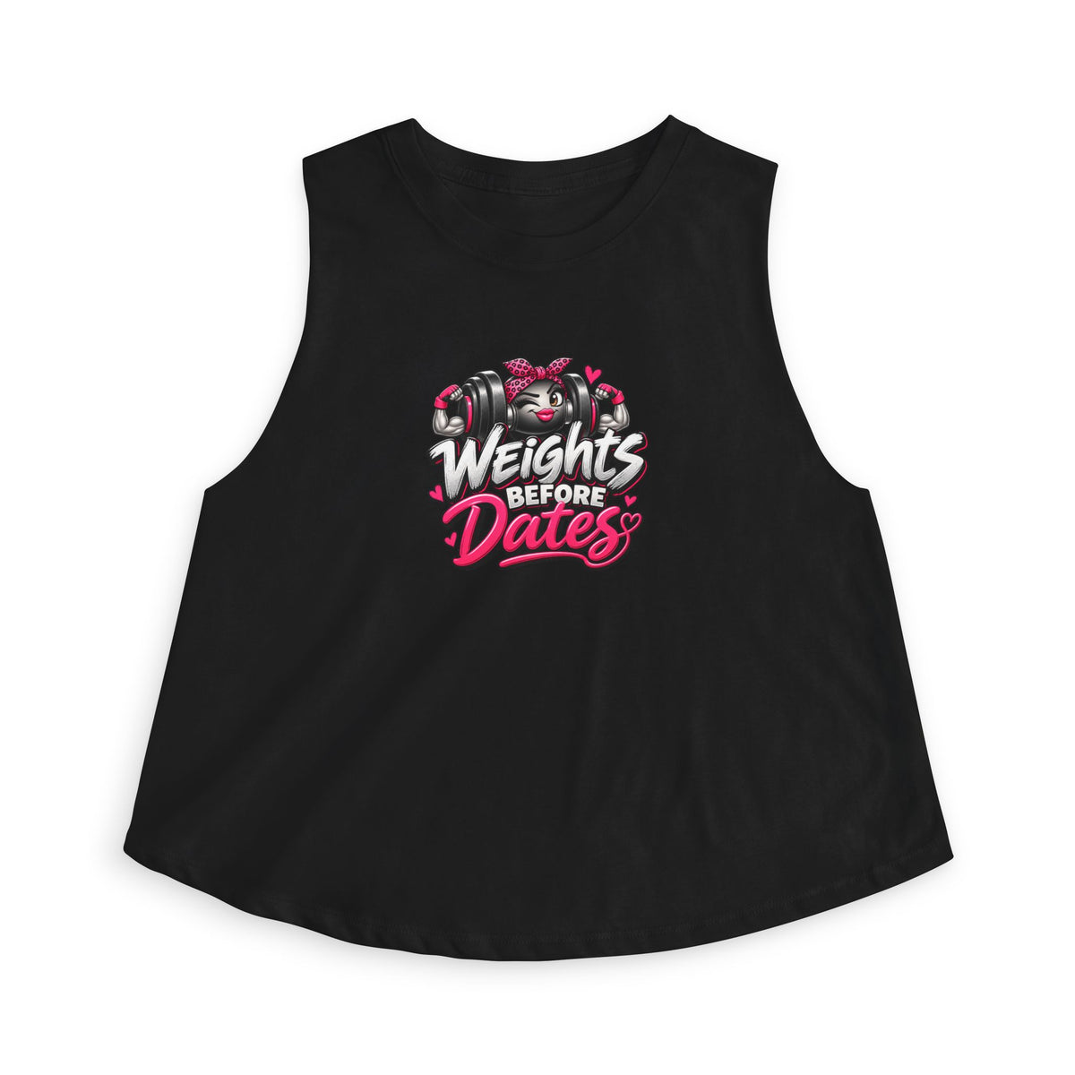 SatsandStripes.com Weights Before Dates Women’s Crop Top – Funny Gym Workout Tank Black