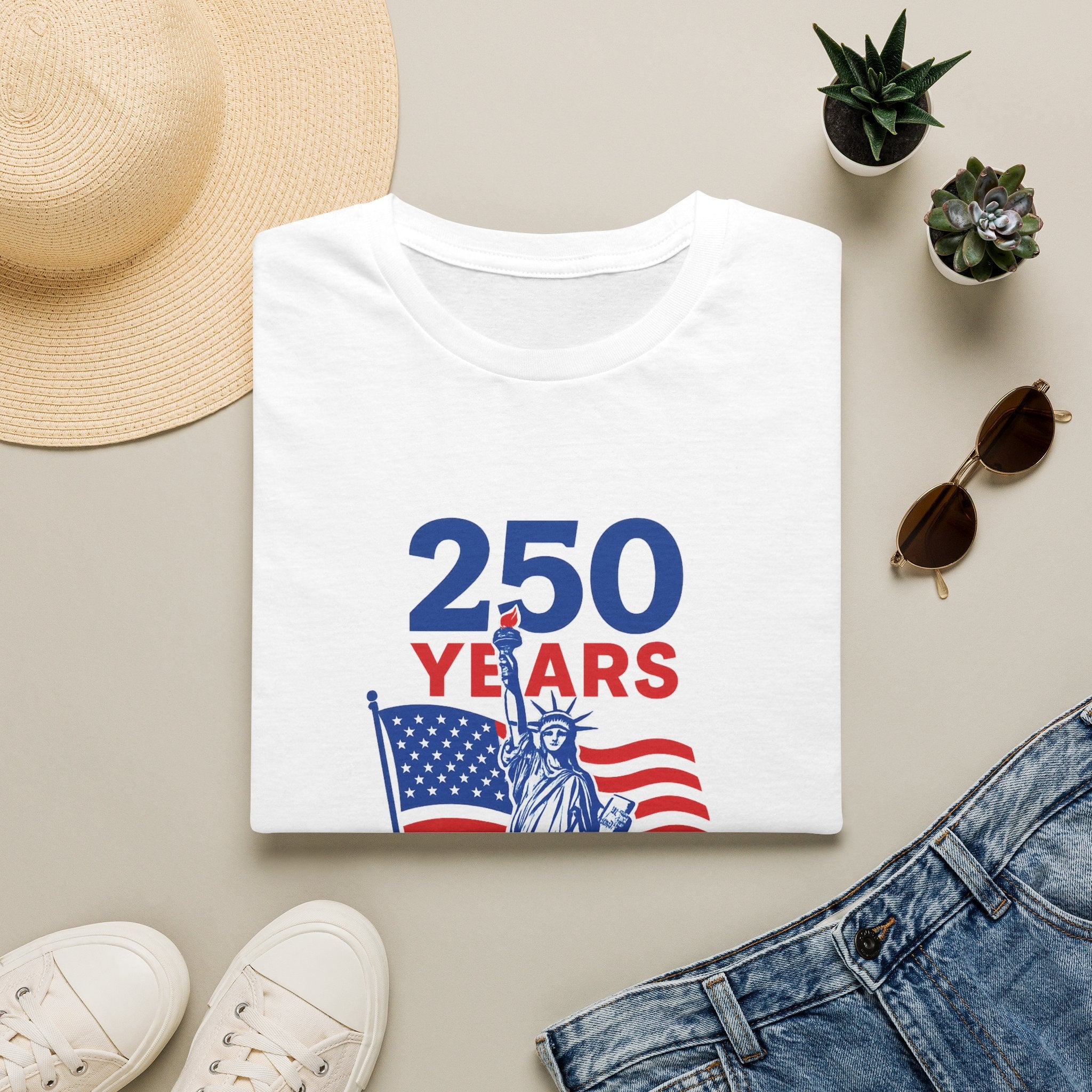 Sats and Stripes USA 250 Years of Freedom Commemorative Anniversary 1776-2026 T-Shirt Tee White Folded