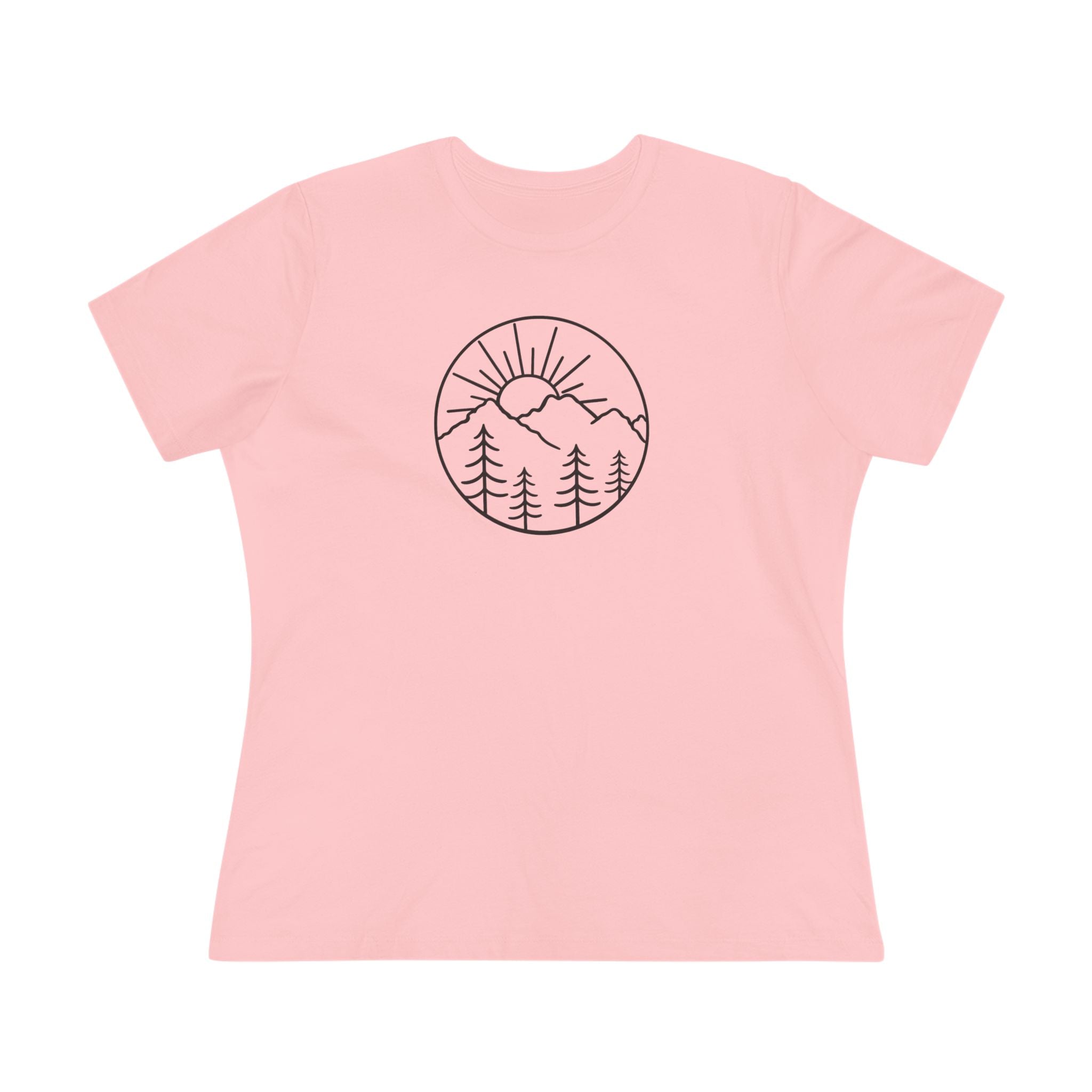 Sats and Stripes Mountain Sunrise Women's T-Shirt Minimalist Nature Graphic Tee Pink