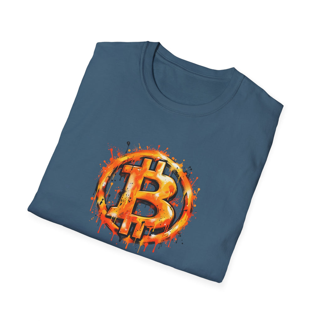SatsandStripes.com Bitcoin Graffiti Spray Paint Softstyle® T-Shirt  Bold BTC Street Art Graphic Tee Indigo Blue Folded