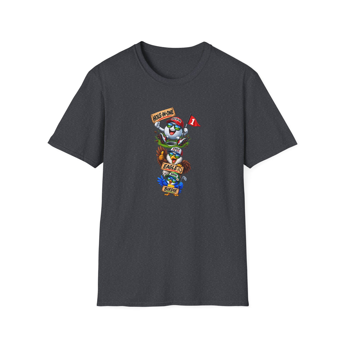 SatsandStripes.com Hole-In-One, Eagle & Birdie Funny Golf T-Shirt – Golfer Graphic Tee Dark Heather