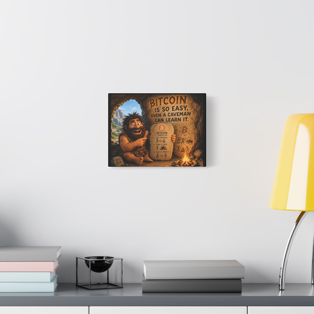 Sats and Stripes Humorous Bitcoin Caveman Canvas Wall Art 12 x 9