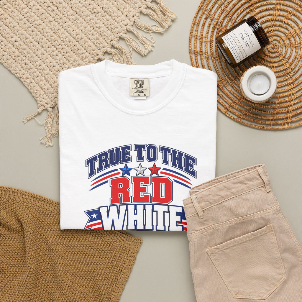 SatsandStripes.com True to the Red White and Blue Patriotic T-Shirt – American Flag USA Graphic Tee White Folded
